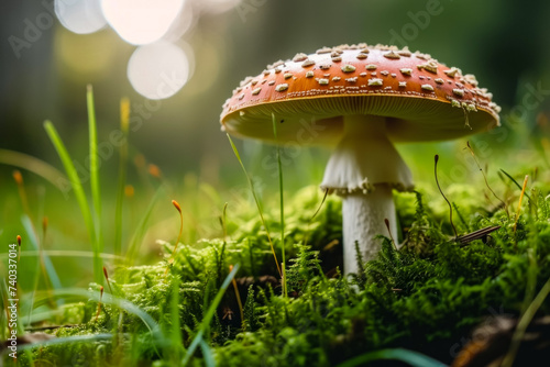 Fly agaric in the forest. Background with selective focus and copy space