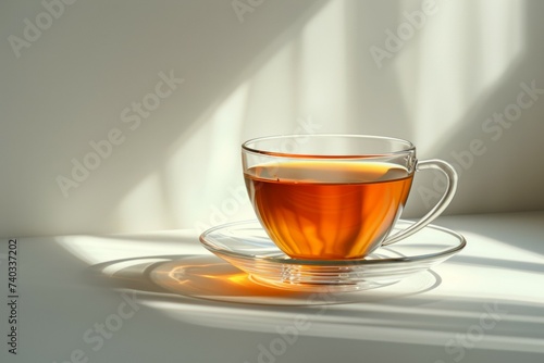 Tea in a glass mug. Background with selective focus and copy space