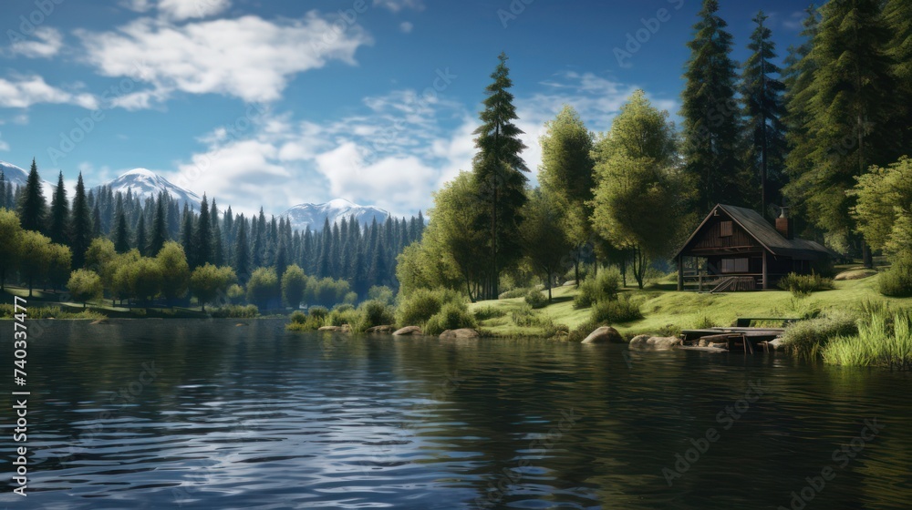 View of lake and mountains with pine forest and meadow, gazebo, with blue cloudy sky in the background. View of lake and mountains with pine forest and meadow, gazebo, with blue cloudy sky in the background.