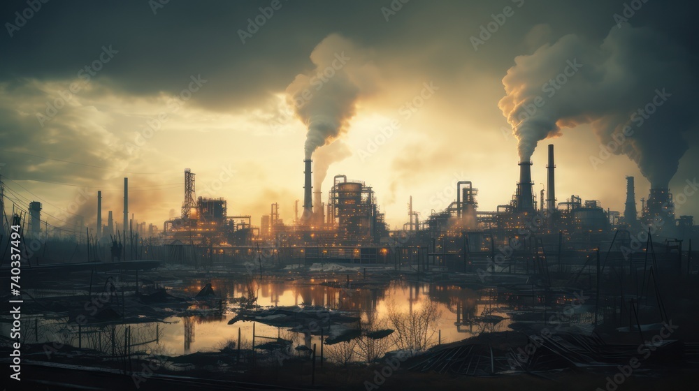 The atmosphere of an industrial area is full of thick smoke coming out of chimneys, with a pitch black cloudy atmosphere.
