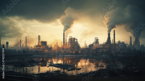The atmosphere of an industrial area is full of thick smoke coming out of chimneys, with a pitch black cloudy atmosphere.
