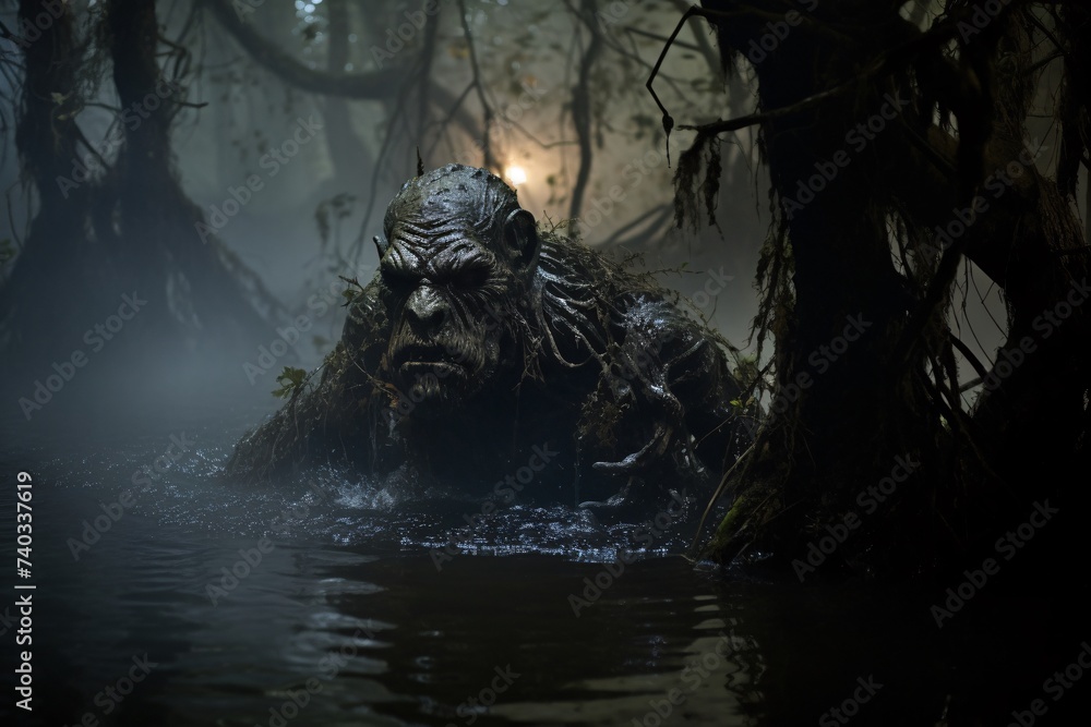 Un vieux troll marchant dans l'eau des marécages » IA générative Un vieux troll marchant dans l'eau des marécages » IA générative