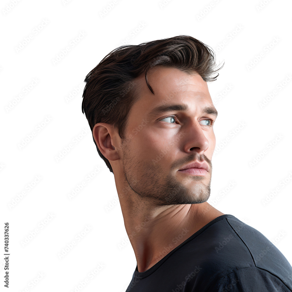 Fototapeta premium A man turns around looks sideways with serious expression, isolated on white background