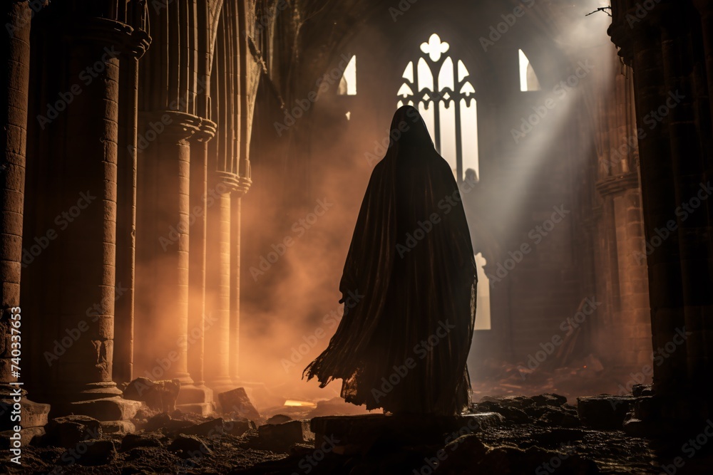 Silhouette noire dans les ruines d'une vieille église » IA générative