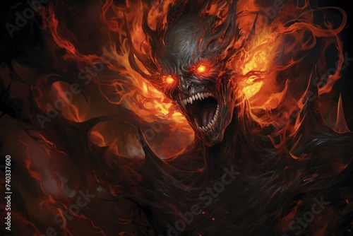 Illustration d'une créature sortant des flammes de l'enfer » IA générative