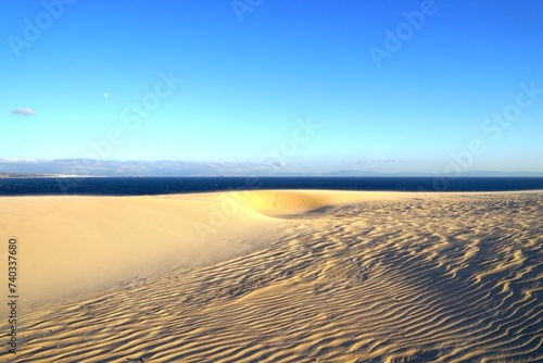 high sandy dune landscape near Valdevaquero with a view towards the Atlantic Ocean  Tarifa  Cadiz  Andalusia  Spain  fantastic landscape  tourism  travel