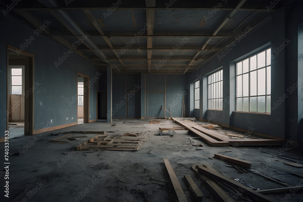 Interior of an empty room in a building under construction with concrete floor. Generative AI Interior of an empty room in a building under construction with concrete floor. Generative AI