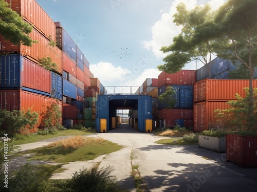 Container Harmony in Nature: An AI-Infused Visual Symphony, Showcasing the Seamless Integration of a Container Warehouse Amidst the Natural Landscape, Each Frame Illuminated by a Harmonious Blend of I