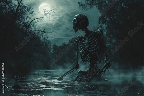 Squelette se baladant dans un étang un soir de pleine lune » IA générative photo