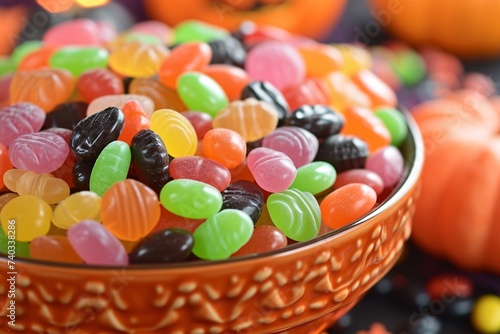 Gros plan sur des bonbons de toutes les couleurs dans un bol orange » IA générative