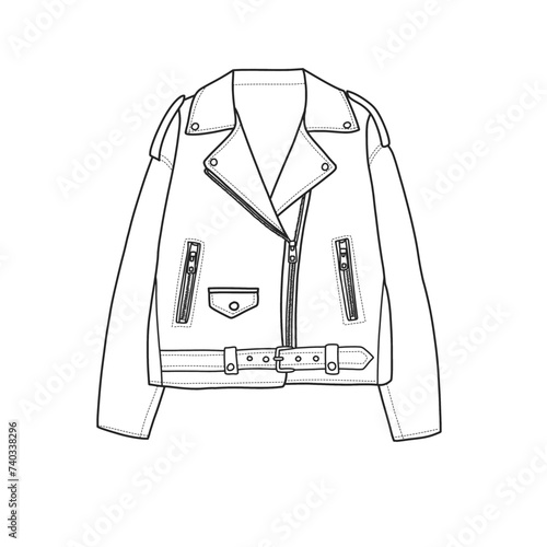 Technical sketch drawing Illustration of Oversize Leather Effect Jacket line art, suitable for your custom jacket design, outline vector doodle illustration, front and rear view isolated on white 