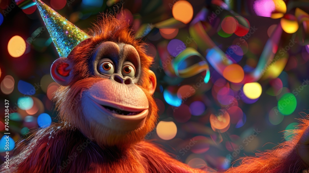 Happy Cute Orangutan Celebrating in Party Hat Under Colorful Lights