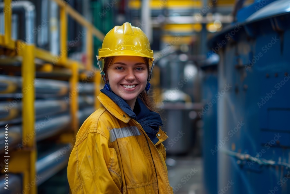 Lächelnde Fachfrau Industrie Technik Professionalität Arbeitsschutz Ingenieurwesen Maschinenbau Industrielle Produktion Technikerin Kompetenz Lächelnde Fachfrau Industrie Technik Professionalität Arbeitsschutz Ingenieurwesen Maschinenbau Industrielle Produktion Technikerin Kompetenz
