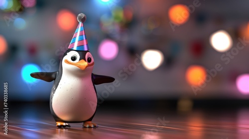 Happy Cute Penguin in Party Hat - Colorful and Festive 3D Cartoon Animal Celebration