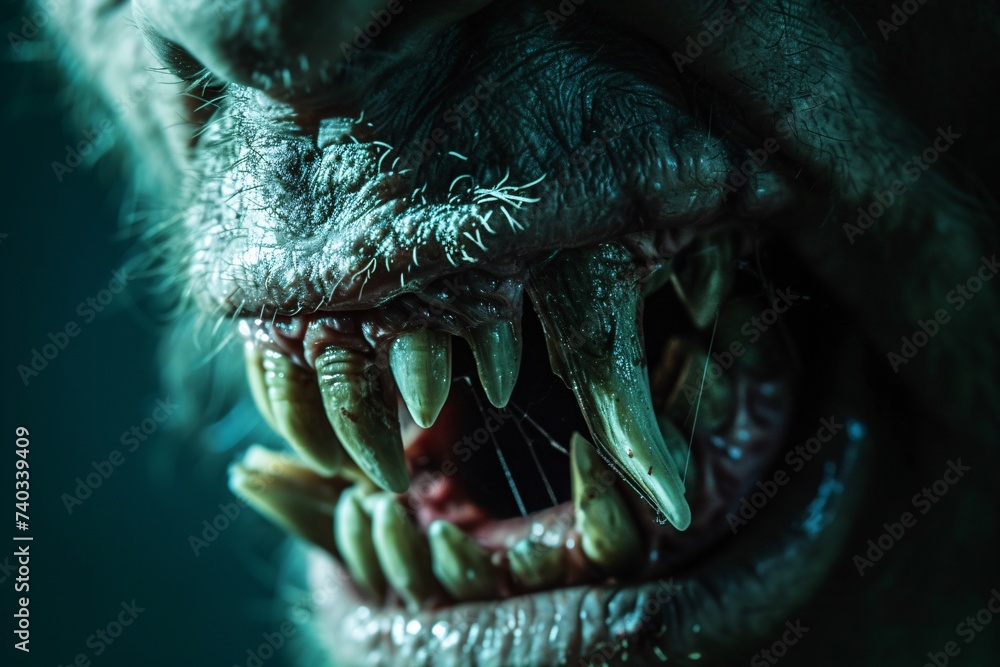Fototapeta premium Gros plan sur les longues dents d'un ogre » IA générative