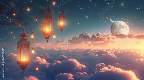 Decorated Arabic lanterns with burning candles floating above the clouds with a crescent moon and stars in the background  realistic  copy space - generative ai