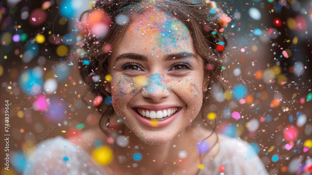 Joyful Woman Celebrating With Colorful Confetti Joyful Woman Celebrating With Colorful Confetti