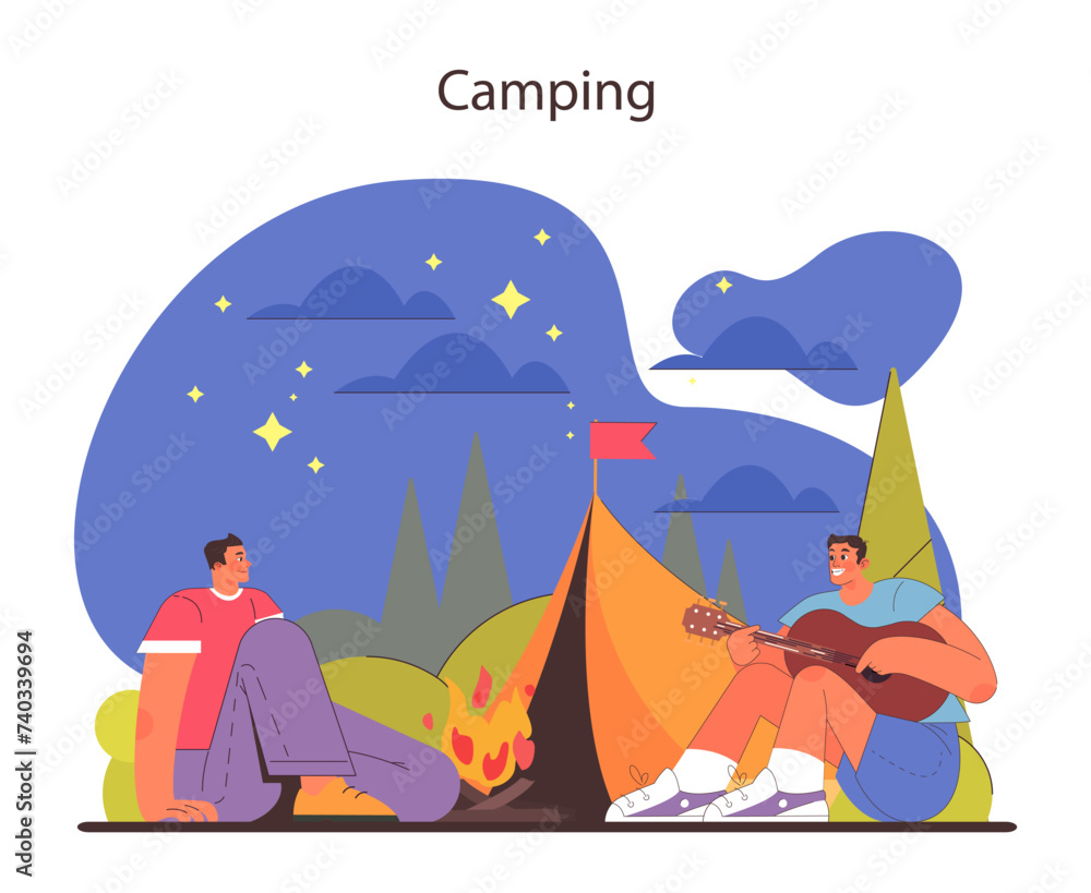 Fototapeta premium Camping concept. Peaceful night under the stars with friends, a cozy campfire, and music.