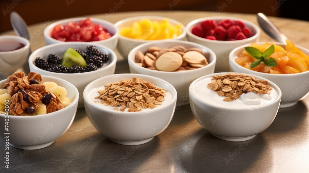 Fresh yogurt fruit salad in a white bowl, placed on a wooden table, and neatly arranged. Fresh yogurt fruit salad in a white bowl, placed on a wooden table, and neatly arranged.