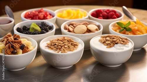 Fresh yogurt fruit salad in a white bowl, placed on a wooden table, and neatly arranged.