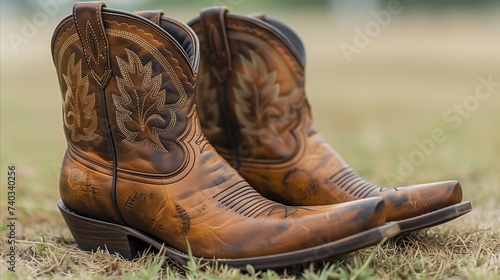 Brown Embossed Leather Cowboy Boots on Grass