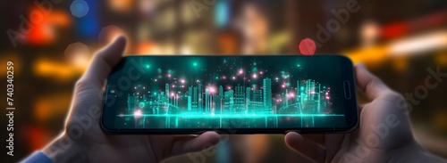 a person holding a smartphone with a digital device icon on it, in the style of bokeh panorama, subjective representations, vittorio matteo corcos, neon lights, cad  computer aided design , selective photo