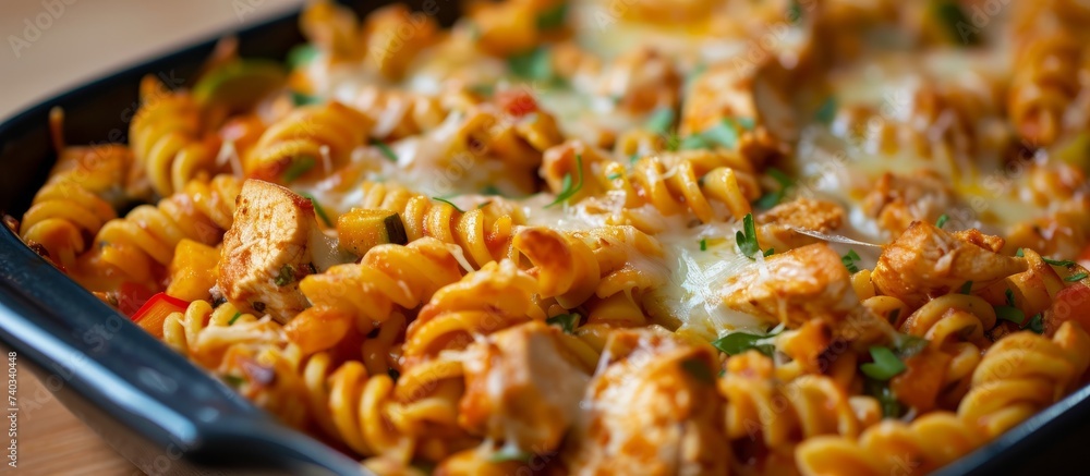 Delicious homemade pasta with grilled chicken, melted cheese, and aromatic herbs in a sizzling pan Delicious homemade pasta with grilled chicken, melted cheese, and aromatic herbs in a sizzling pan