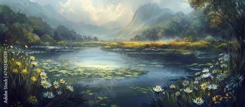 A captivating painting showcases a serene river adorned with lily pads, set against a majestic backdrop of towering mountains. © AkuAku
