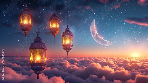 Decorated Arabic lanterns with burning candles floating above the clouds with a crescent moon and stars in the background  realistic  copy space - generative ai