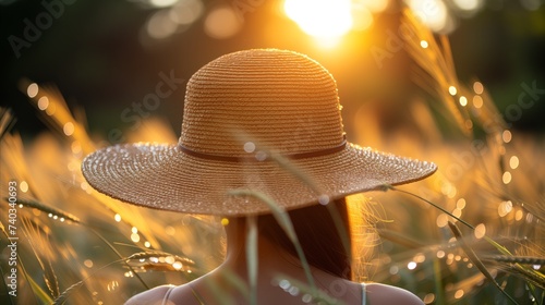 Woman in a Straw Hat at Sunset in a Grassy Field