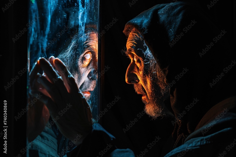 Un vieux sorcier se regardant dans un miroir magique » IA générative - obrazy, fototapety, plakaty 