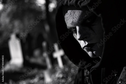 Portrait noir et blanc d'un homme mystérieux dans un vieux cimetière » IA générative © Maelgoa