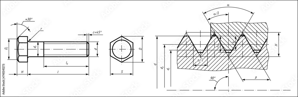 Vector engineering cad drawing of a mechanical part (steel bolt)
with thread. Computer aided design of machine parts
with dimension lines. Technical cad background. Vector engineering cad drawing of a mechanical part (steel bolt)
with thread. Computer aided design of machine parts
with dimension lines. Technical cad background.