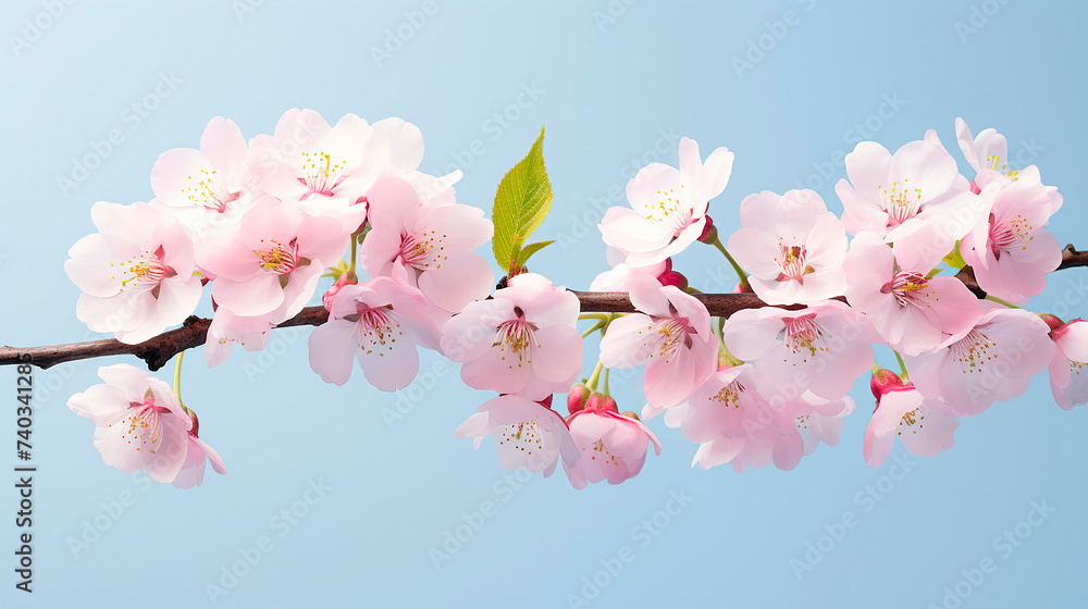 Banner with branch of blossoming cherry or almond on blue background