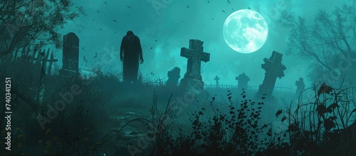 A misty cemetery under a full moon  creating an eerie atmosphere. In the background  the moons light casts shadows on tombstones and a lone figure that appears to be a zombie.