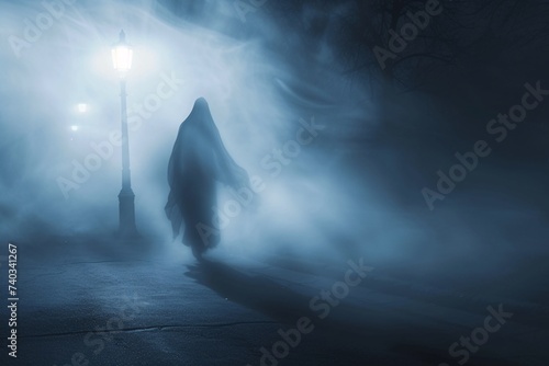 Une silhouette mystérieuse devant un lampadaire dans le brouillard » IA générative photo