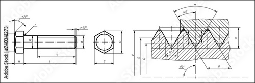 Vector engineering cad drawing of a mechanical part (steel bolt)
with thread. Computer aided design of machine parts 
with dimension lines.  Technical cad background.