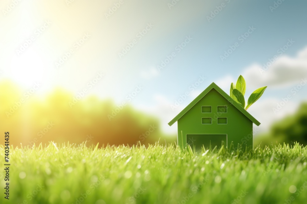 Green Eco House Concept on Sunny Lawn. Small green eco-friendly house icon with fresh leaves on a lush lawn, sustainability concept. Green Eco House Concept on Sunny Lawn. Small green eco-friendly house icon with fresh leaves on a lush lawn, sustainability concept.