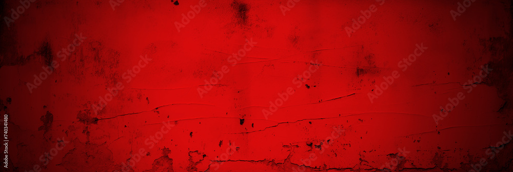 Red cement concrete grunge textured floor background. Ruby wine wall with cracks. Old vintage wide backdrop for design banner