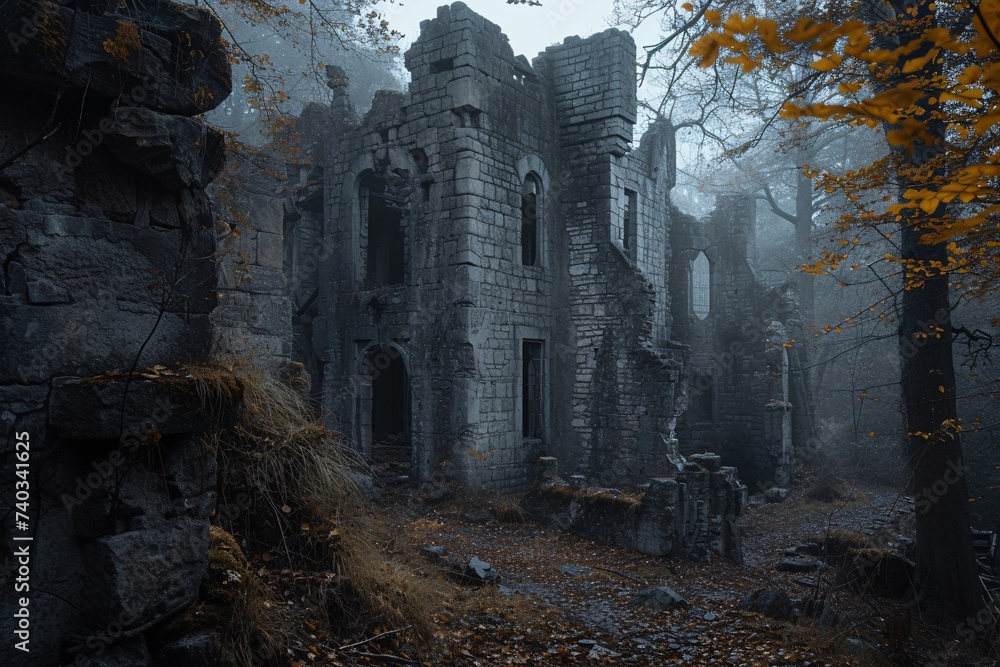 Les ruines d'un vieux château dans le brouillard » IA générative