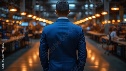 Businessman Overseeing Nighttime Factory Production Floor