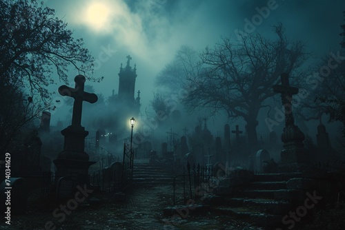 Vieux cimetière sombre la nuit » IA générative