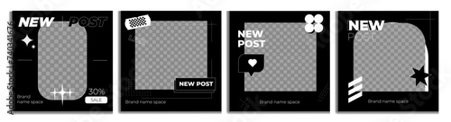 Set of vector Editable Instagram templates. Square posts for the social network with modern graphics. Black web banners with lines, dots, stars and likes. Trendy backgrounds for your brand or product.