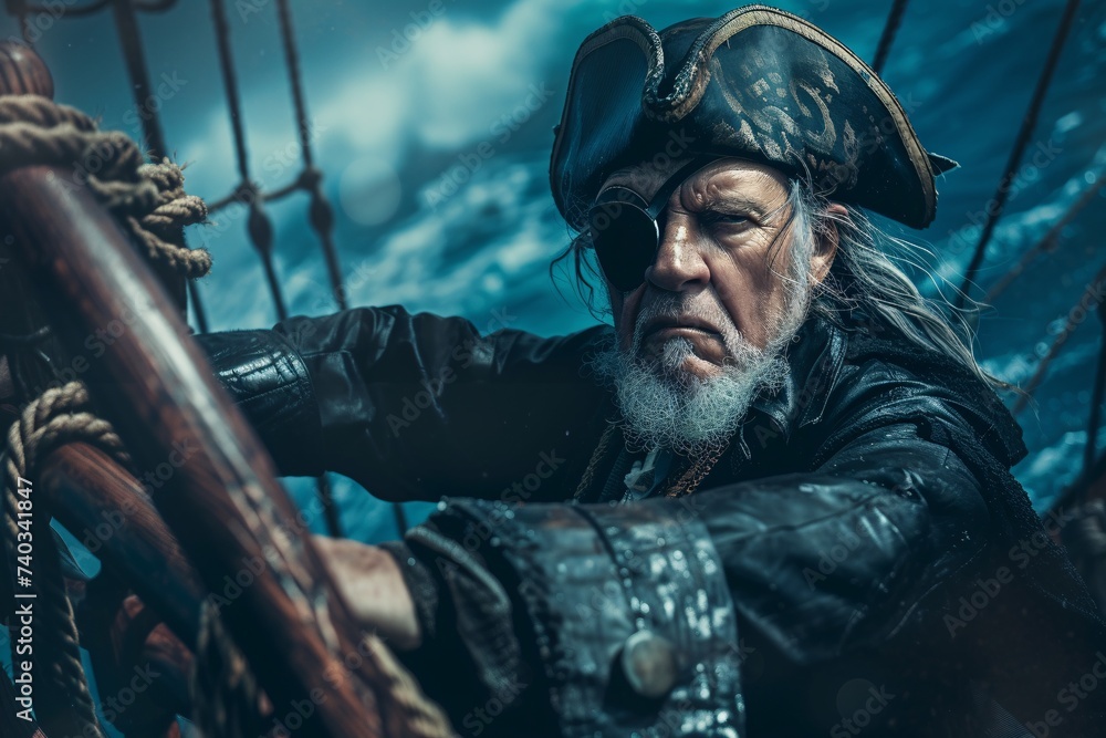 Fototapeta premium Un pirate dans son navire sur une mer agitée » IA générative