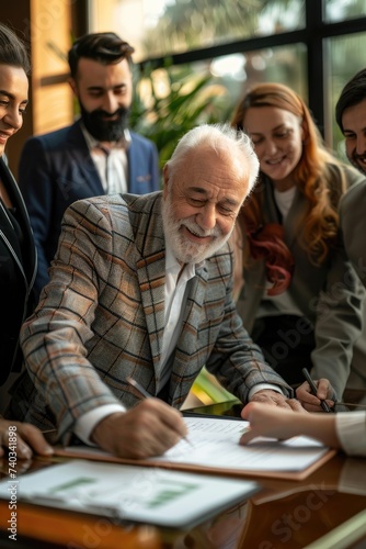 An old man with smart suit is signing papers surround by happy people