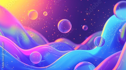 Vibrant neon 3D-rendered shapes on a gradient backdrop. Futuristic holographic abstract design with bubbles and luminous abstract fluid glass shapes. Glowing shapes on a dynamic background.