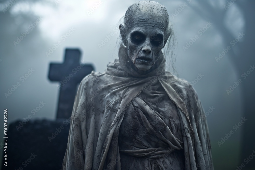 Femme démon devant la pierre tombale d'un vieux cimetière » IA générative Femme démon devant la pierre tombale d'un vieux cimetière » IA générative