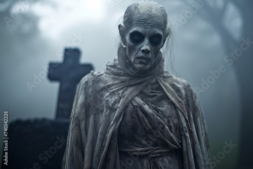Femme démon devant la pierre tombale d'un vieux cimetière » IA générative