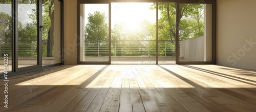 An unoccupied room featuring wooden floors and large sliding glass doors that provide a view of the front balcony.