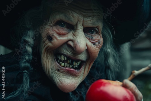 Gros plan d'une vieille sorcière effrayante avec une pomme rouge » IA générative photo
